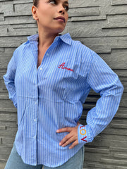 Chemise bleu Rayée à Manches Longues – Détails Brodés