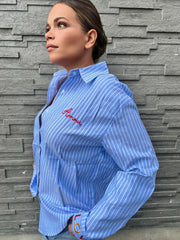 Chemise bleu Rayée à Manches Longues – Détails Brodés