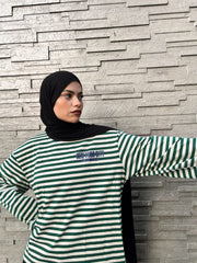 Haut Rayé Vert & Blanc Oversize – Manches Longues- Coupe Streetwear