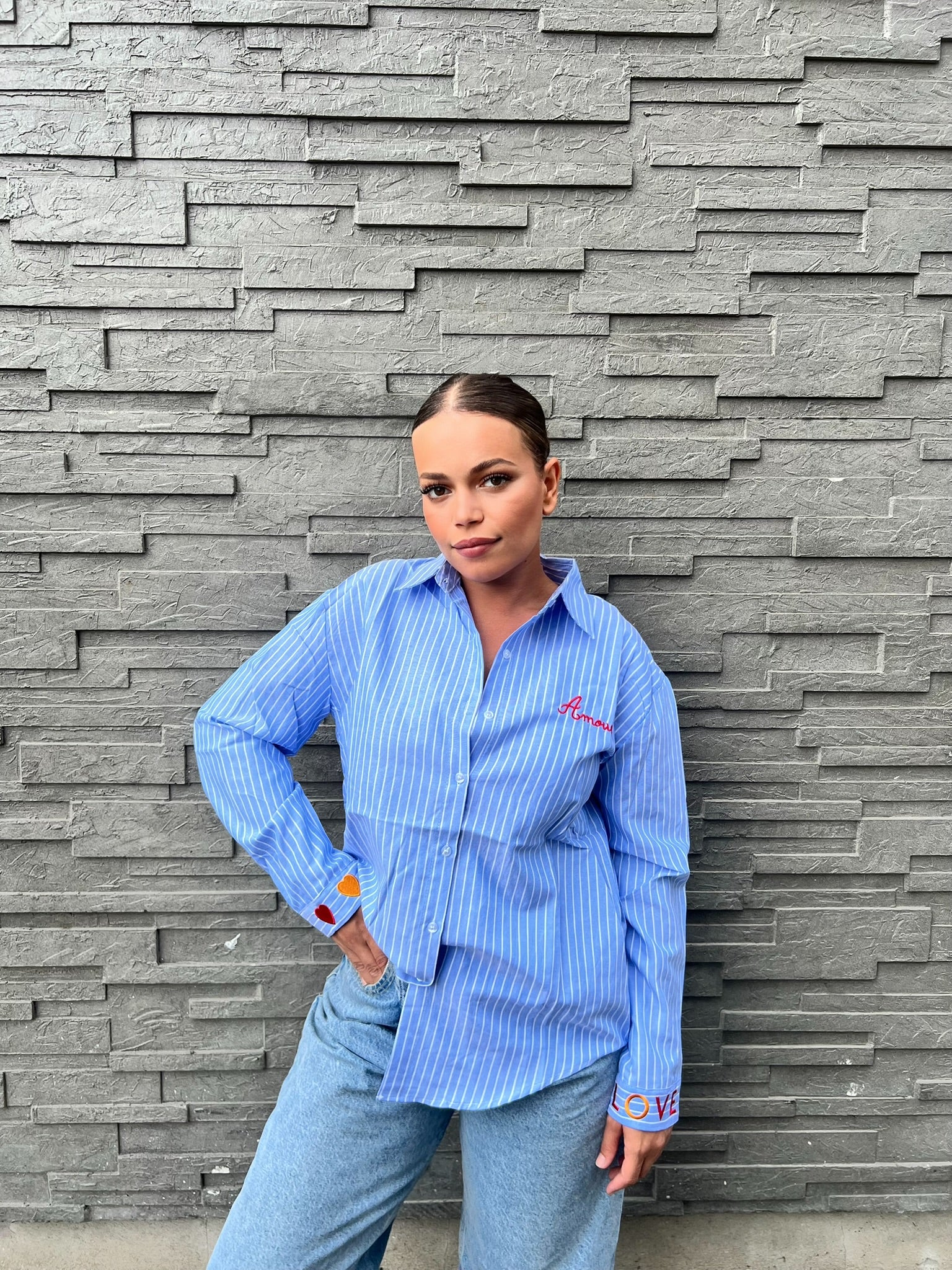 Chemise bleu Rayée à Manches Longues – Détails Brodés