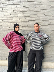 Haut Rayé Oversize Bordeaux – Manches Longues- Coupe Streetwear