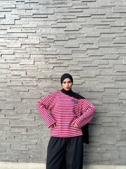 Haut Rayé Oversize Bordeaux – Manches Longues- Coupe Streetwear