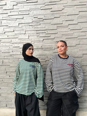Haut Rayé Vert & Blanc Oversize – Manches Longues- Coupe Streetwear