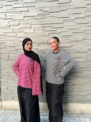 Haut Rayé Oversize Noir & Blanc – Manches Longues– Coupe Streetwear